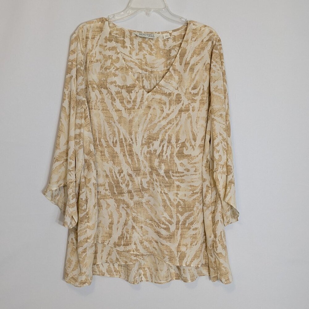 BEAUTIFUL BY LAWRENCE ZARIAN, Beige Animal Print Chiffon Pullover Top; Size 2X